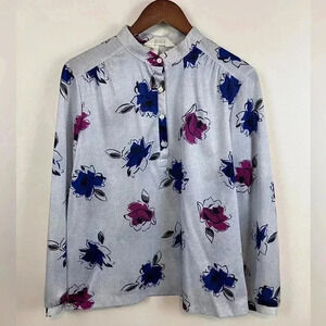 VTG Women’s 80s L Blouse Mandarin Collar Abstract Floral Secretary USA Union